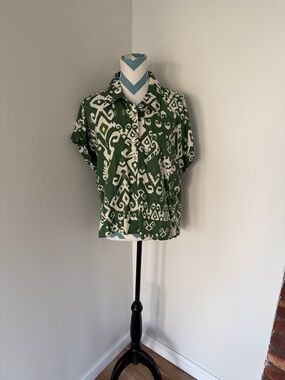 Haute Hippie Green and Cream Ikat Print Blouse